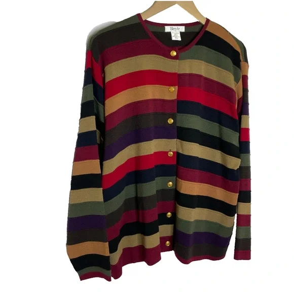 Women's Large Vtg Bleyle 100% Extrafine Merino Wool Colorful Stripe Cardigan - Picture 2 of 5